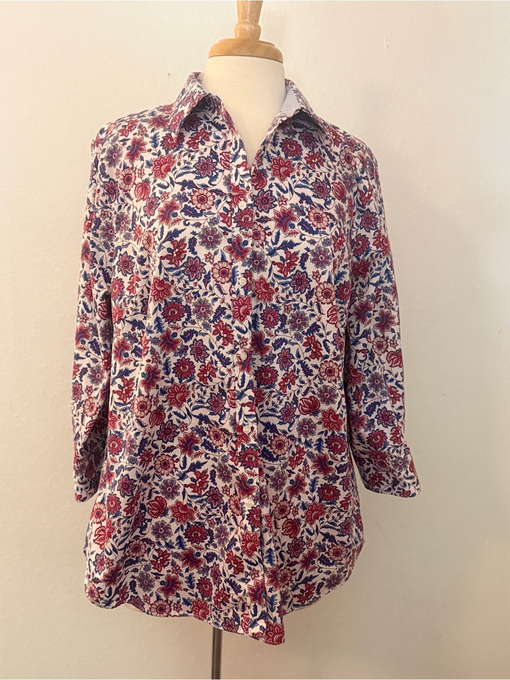 Chaps Floral Button Down No Iron Shirt in Red & Blue - Size 1X - 100% Cotton